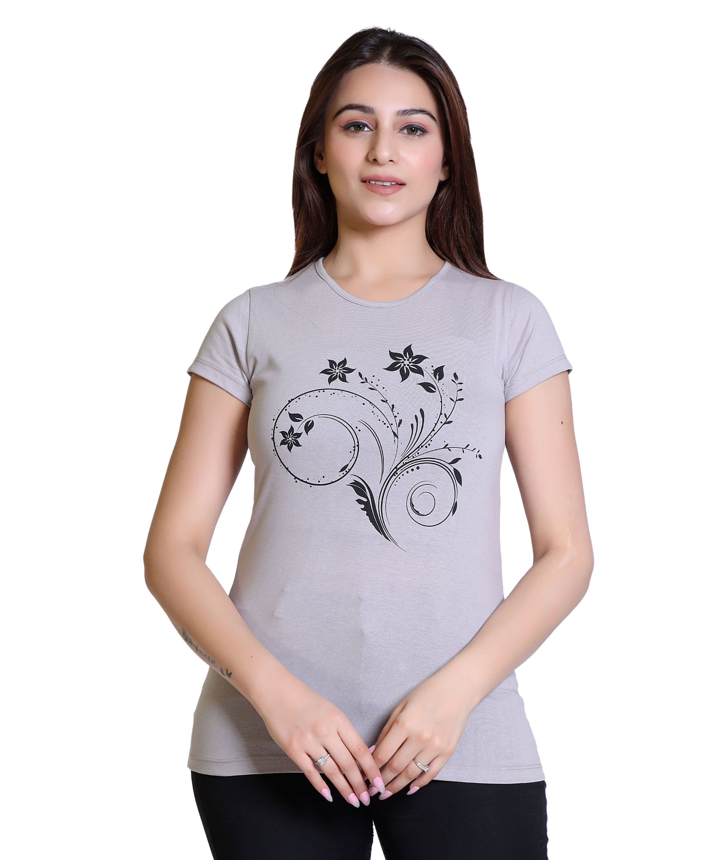 Women Floral Cotton Blend Round Neck Half Sleeves T-Shirt