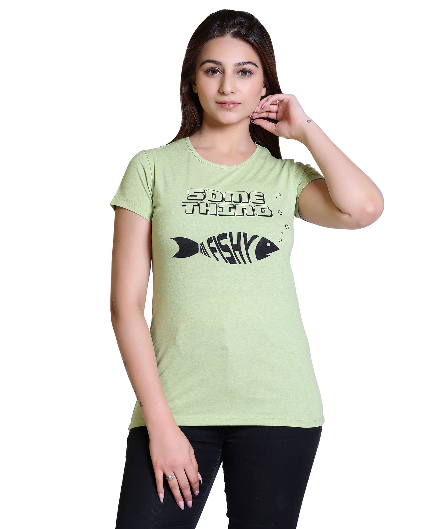 Women Something Fishy Cotton Blend Round Neck Half Sleeves T-Shirt