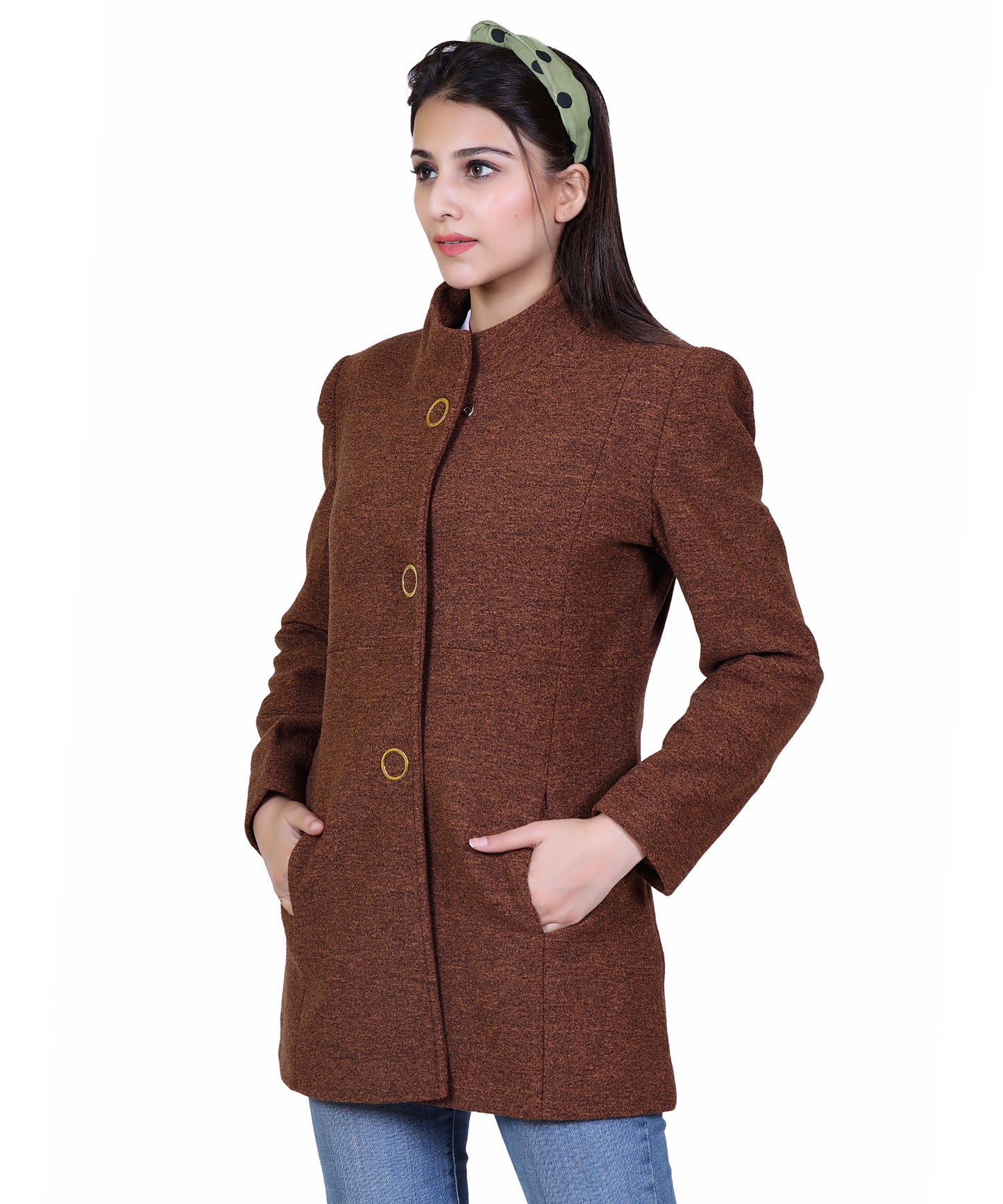 Women Standard Length Wool Blend High Collar Long Sleeve Overcoat