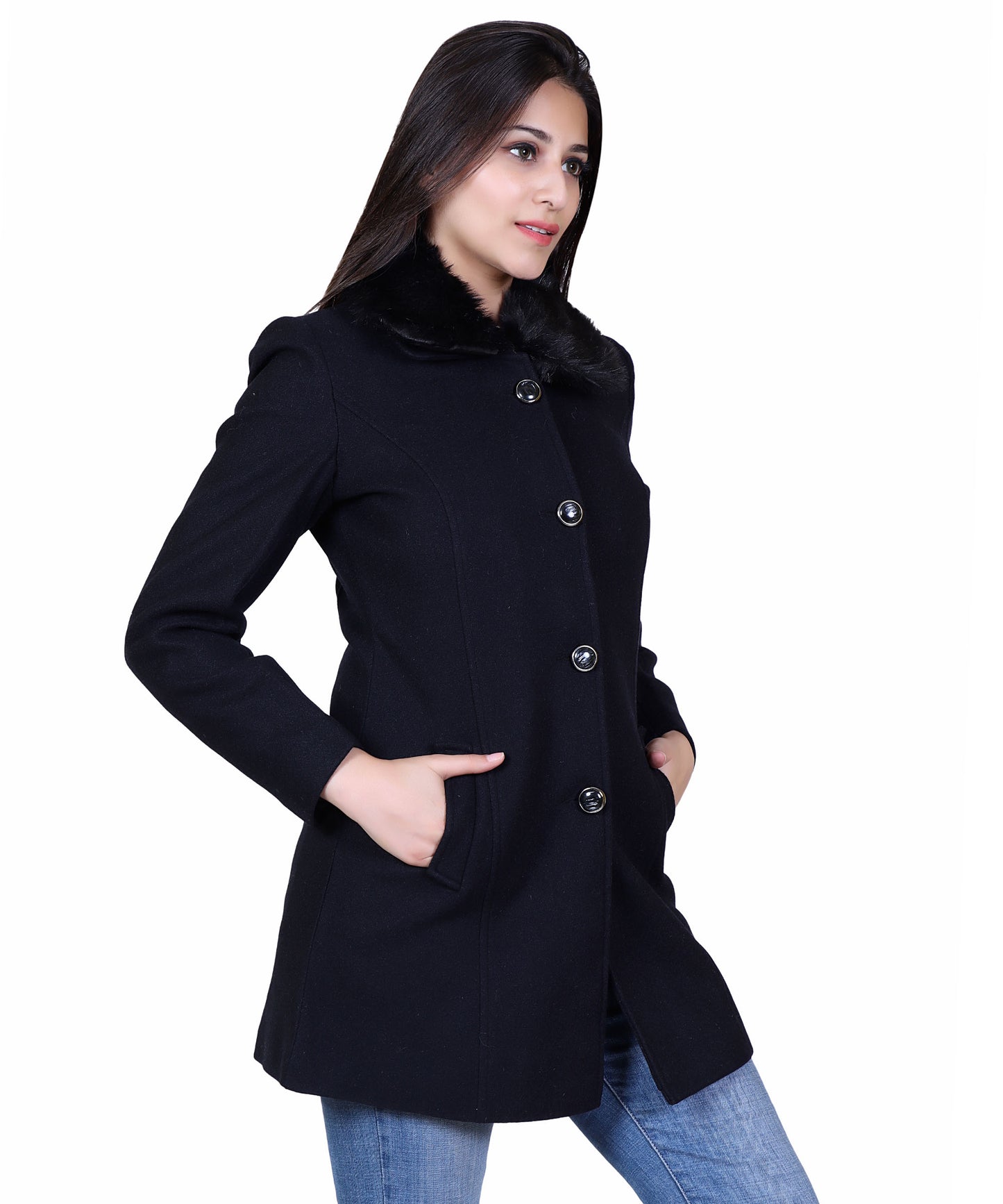 Women Winter Wear Casual Coat with Detachable Faux Fur Collar