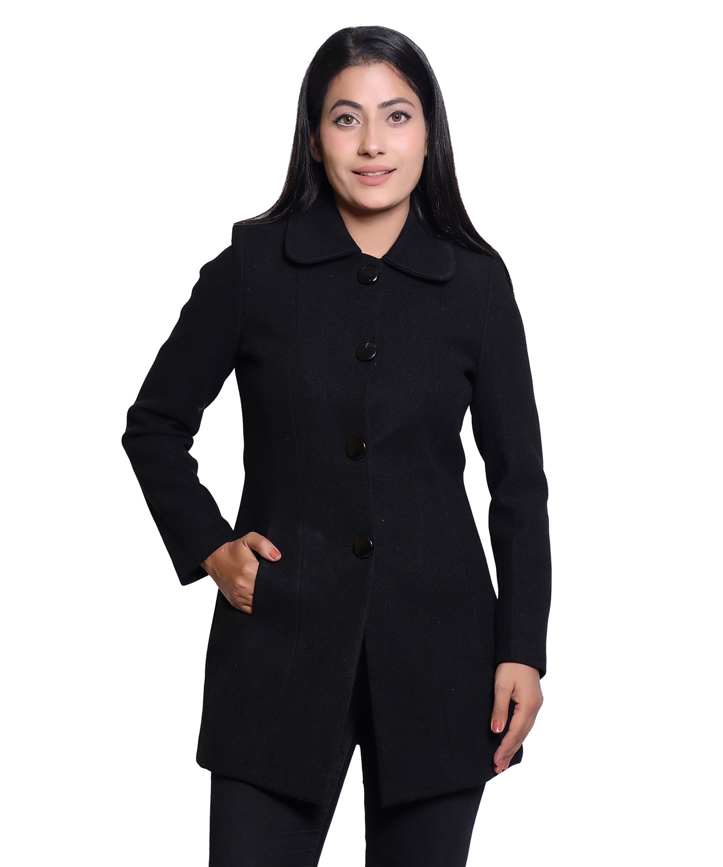 Women’s Elegant Hip Length Wool Blend Winter Long Coat with Butterfly Collar
