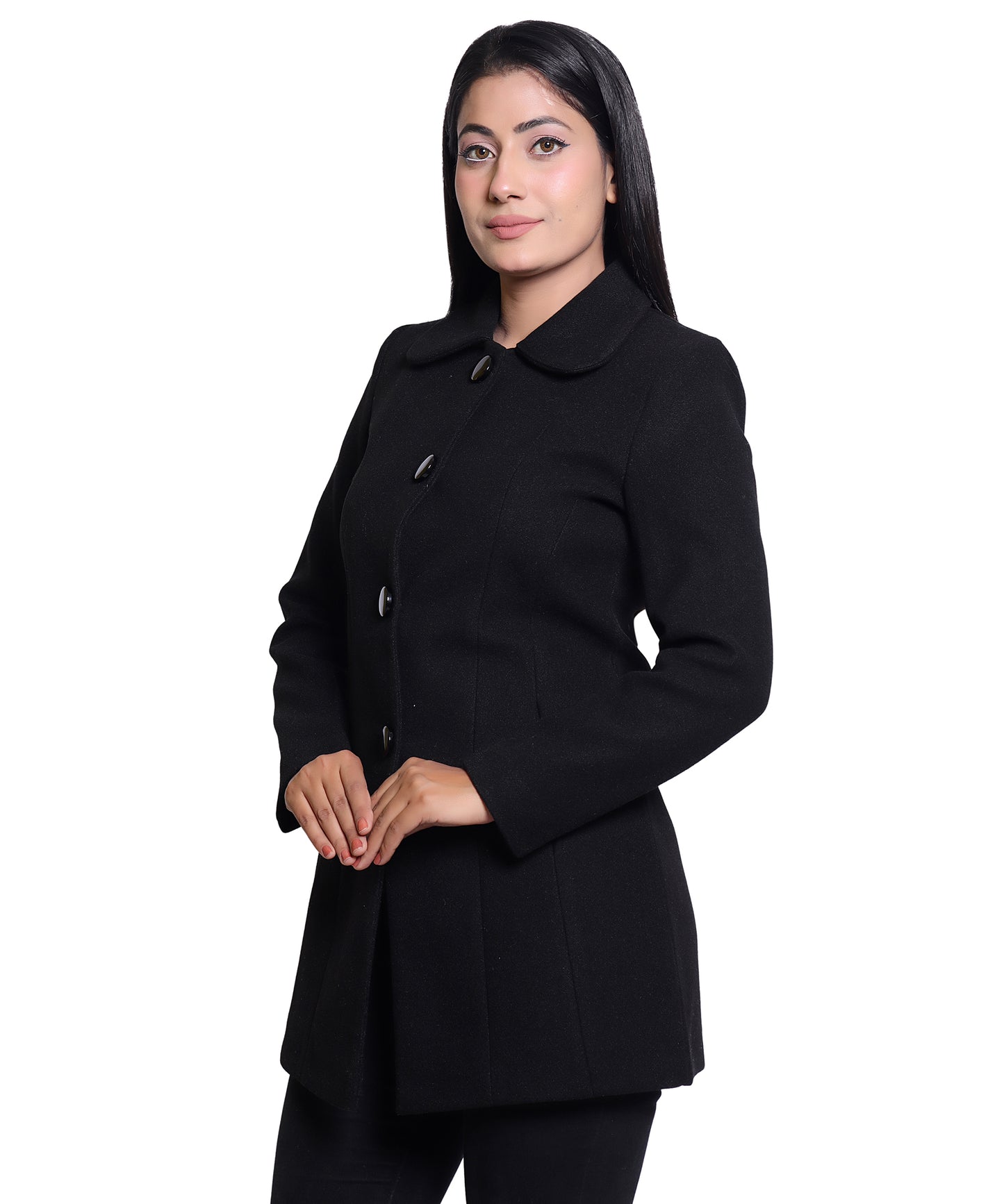 Women’s Elegant Hip Length Wool Blend Winter Long Coat with Butterfly Collar