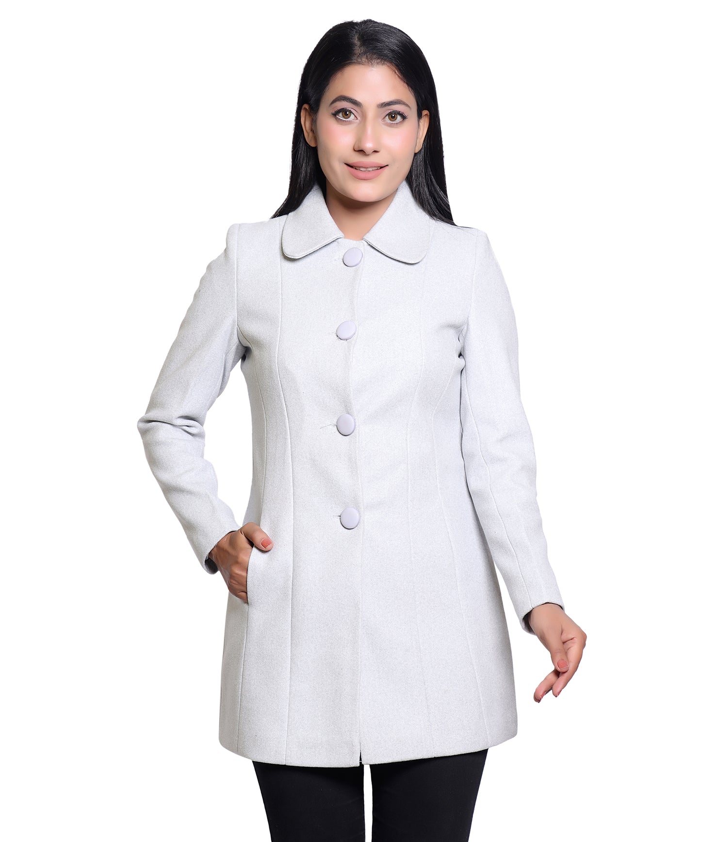 Women’s Elegant Hip Length Wool Blend Winter Long Coat with Butterfly Collar
