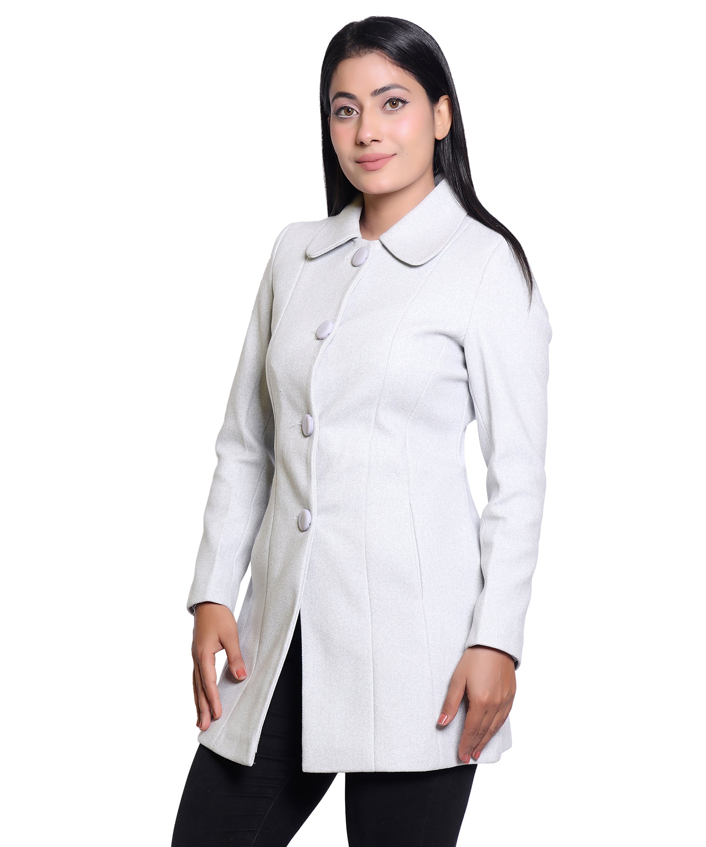 Women’s Elegant Hip Length Wool Blend Winter Long Coat with Butterfly Collar