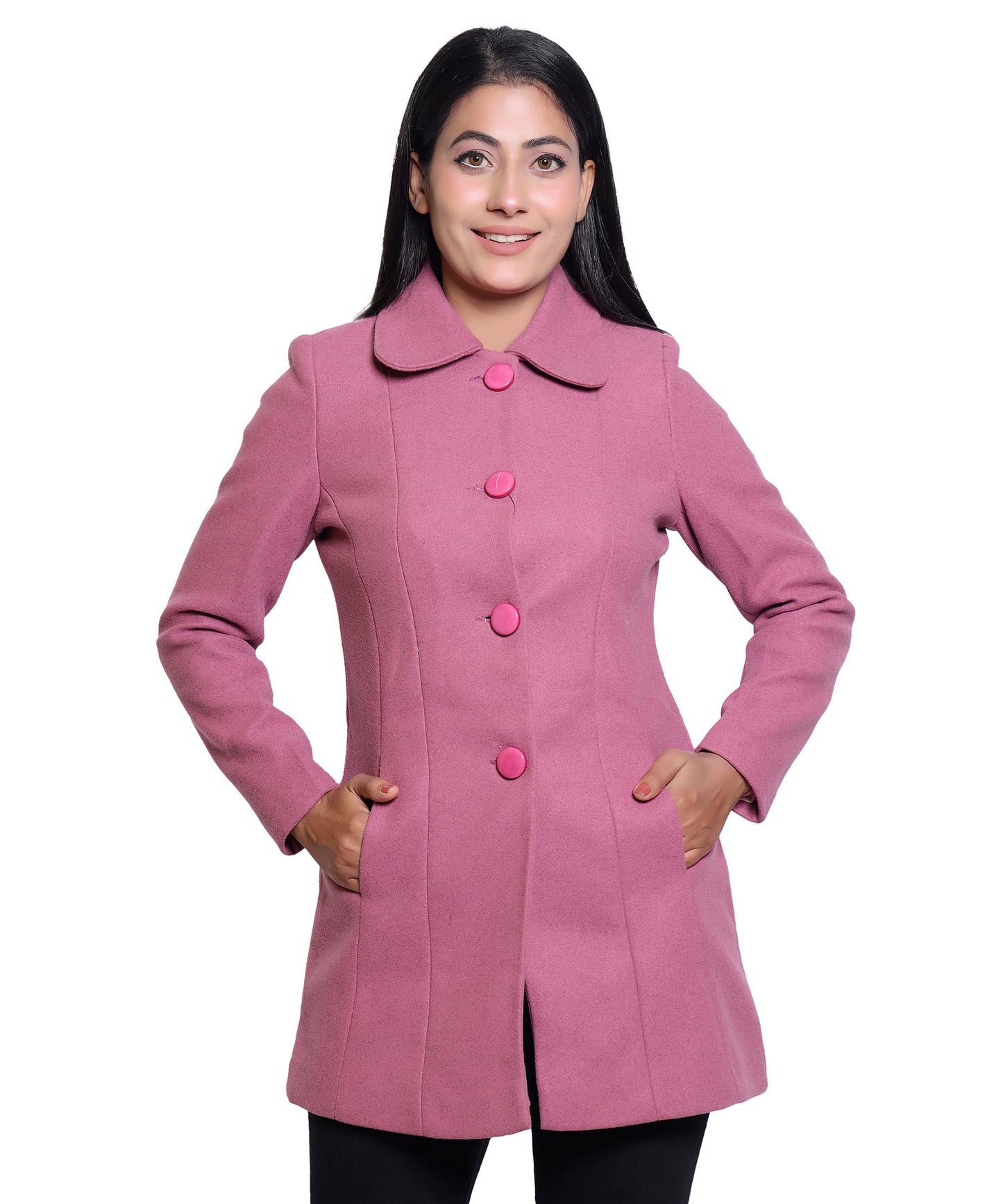 Women’s Elegant Hip Length Wool Blend Winter Long Coat with Butterfly Collar