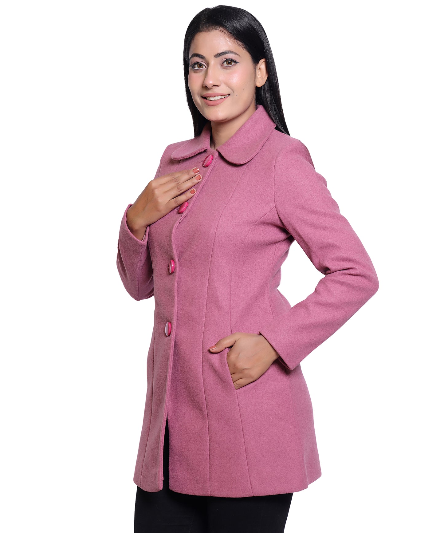 Women’s Elegant Hip Length Wool Blend Winter Long Coat with Butterfly Collar