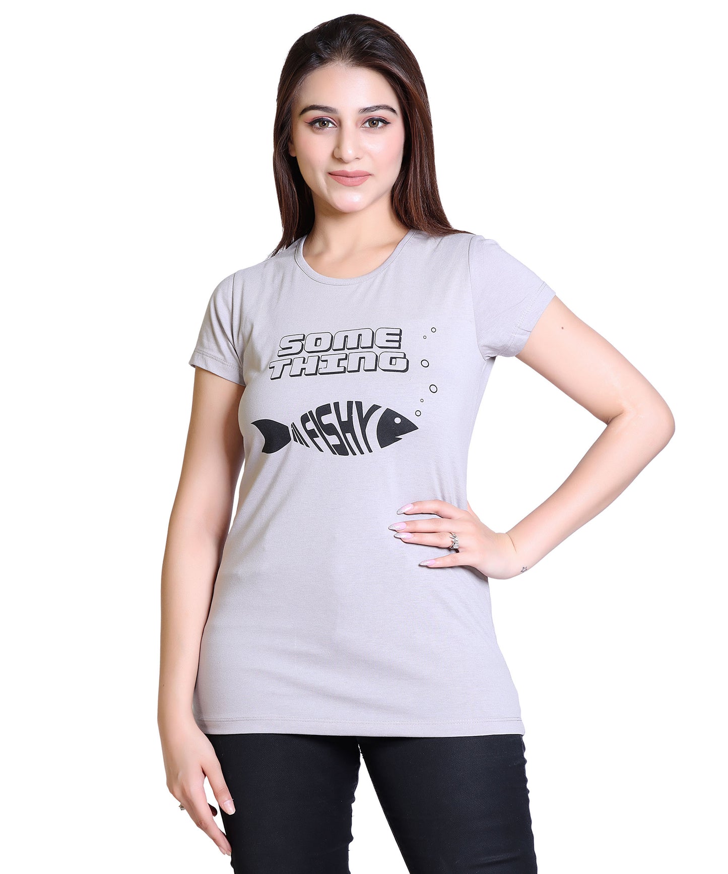 Women Something Fishy Cotton Blend Round Neck Half Sleeves T-Shirt