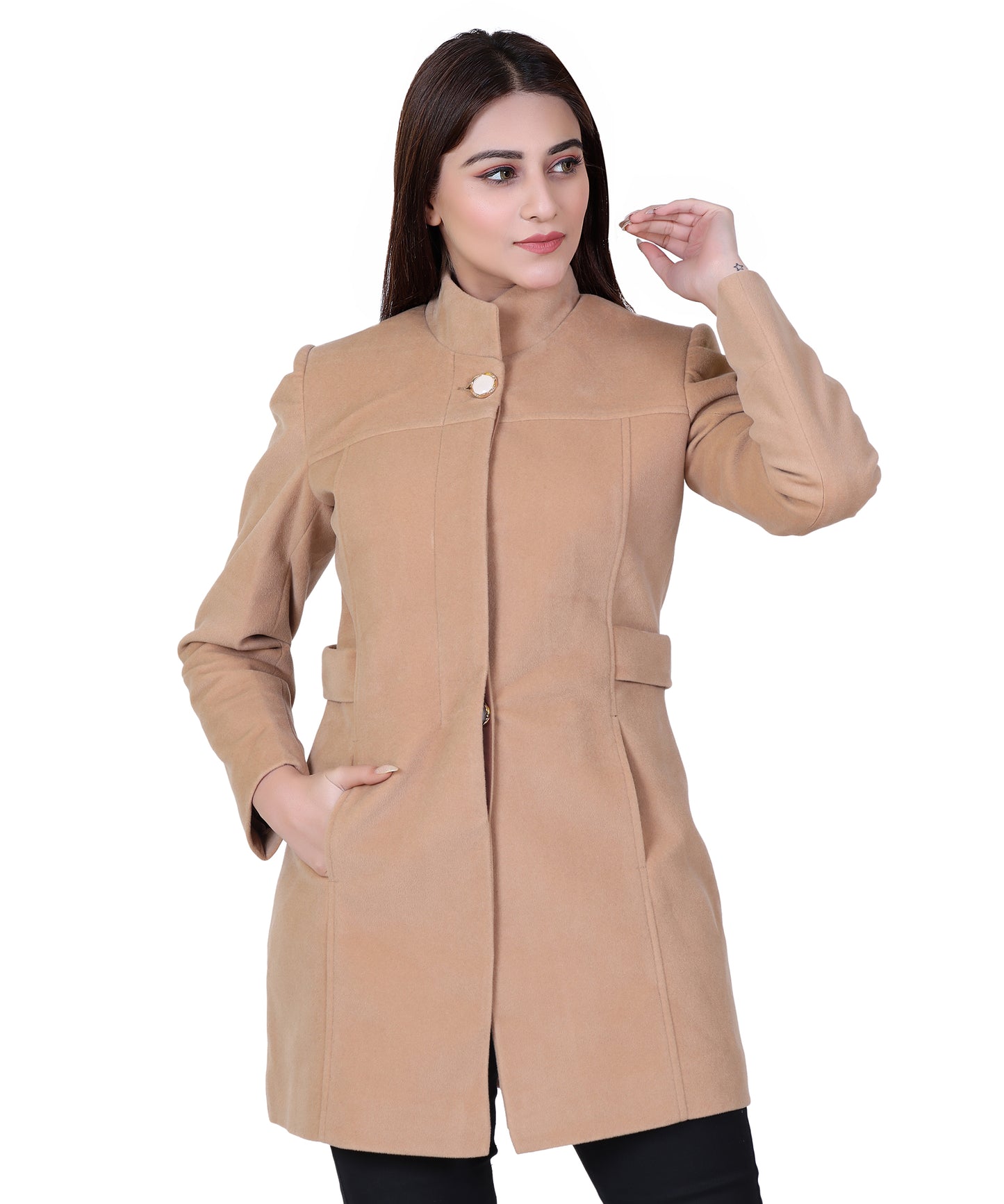 Women Casual Wool Blend Standard Length Full Sleeve High Collared Coat