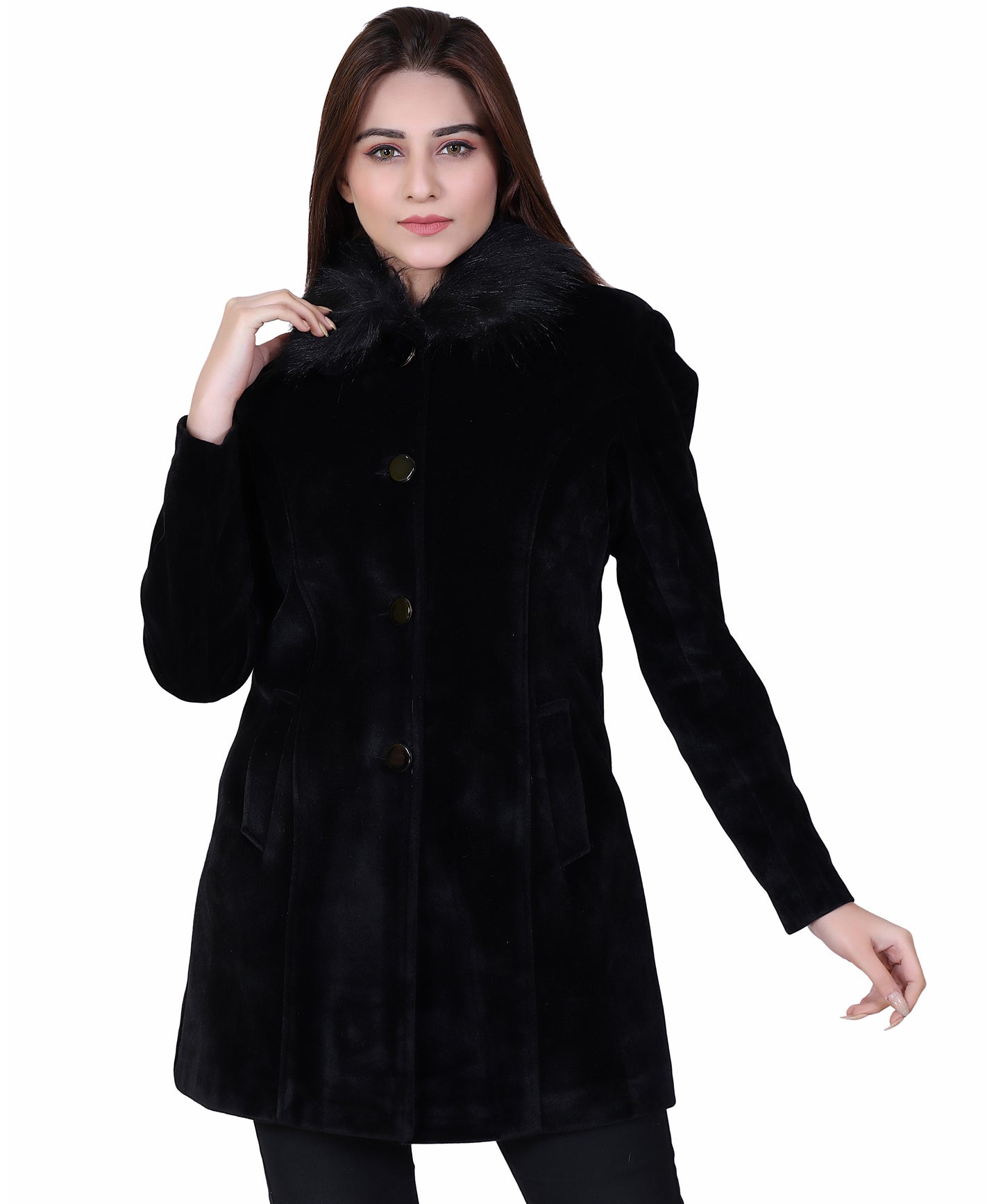 Women Winter Wear Casual Coat with Detachable Faux Fur Collar