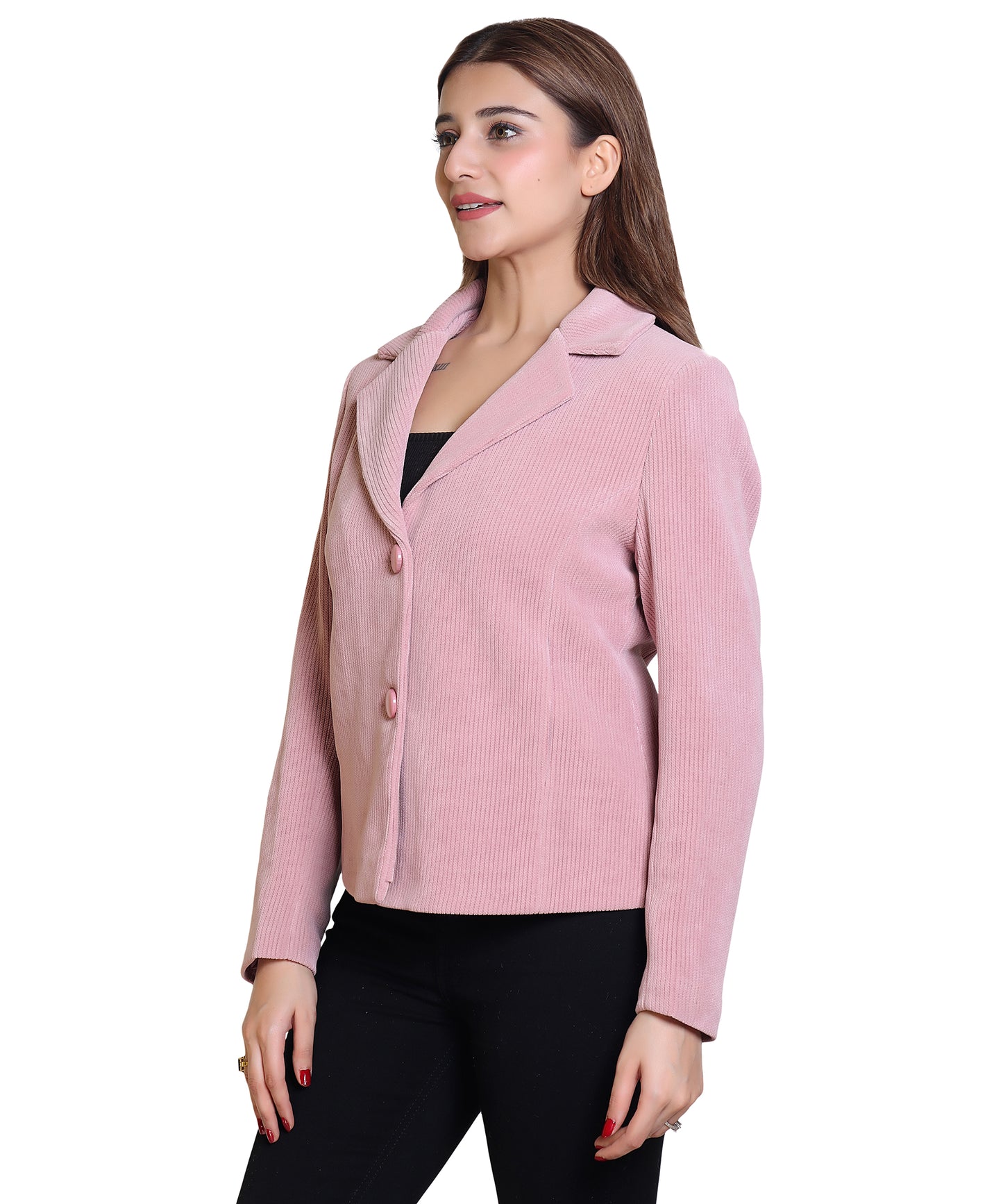 Women Full Sleeve Short Length Cotrai Blazer with Unique Design