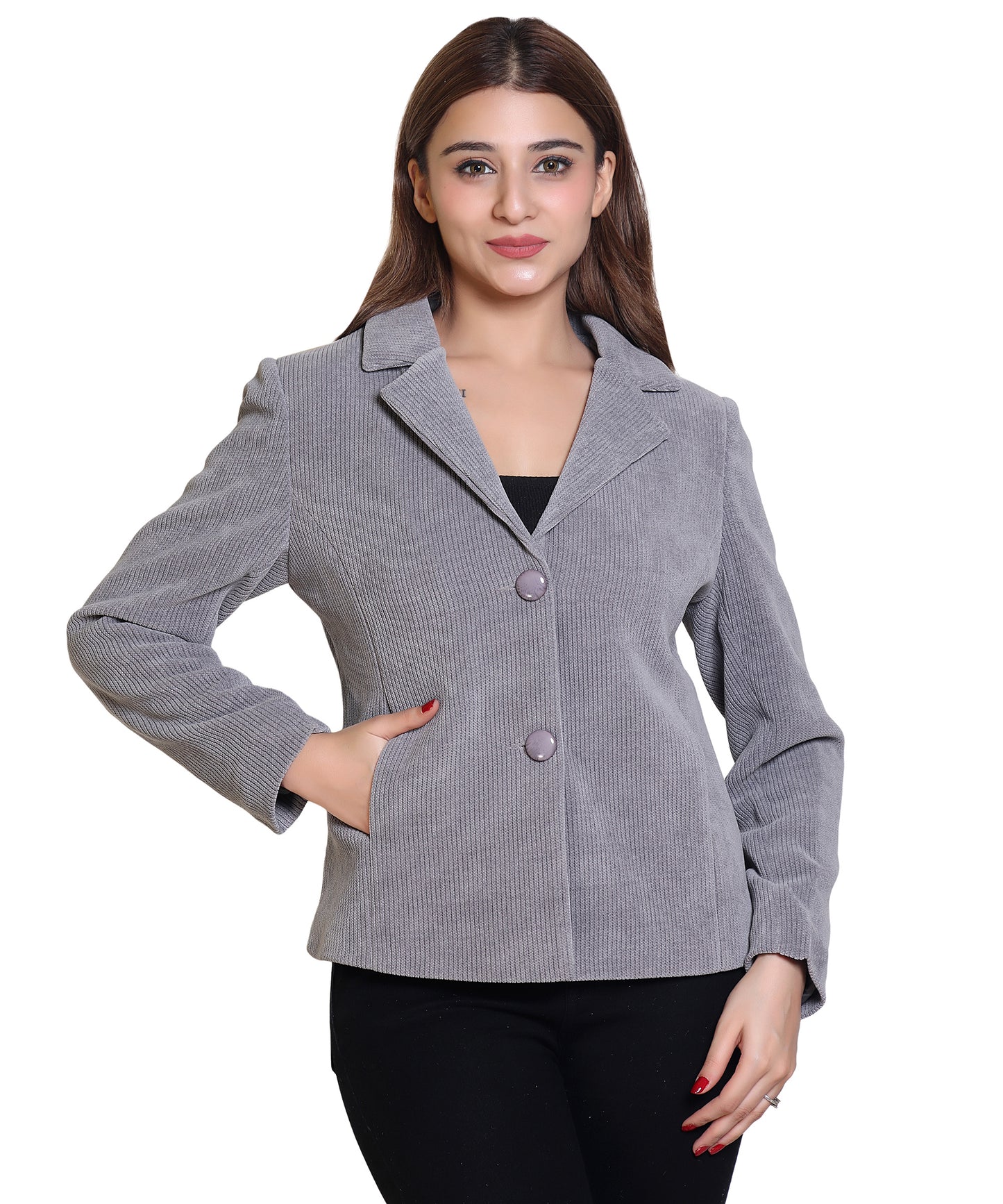 Women Full Sleeve Short Length Cotrai Blazer with Unique Design