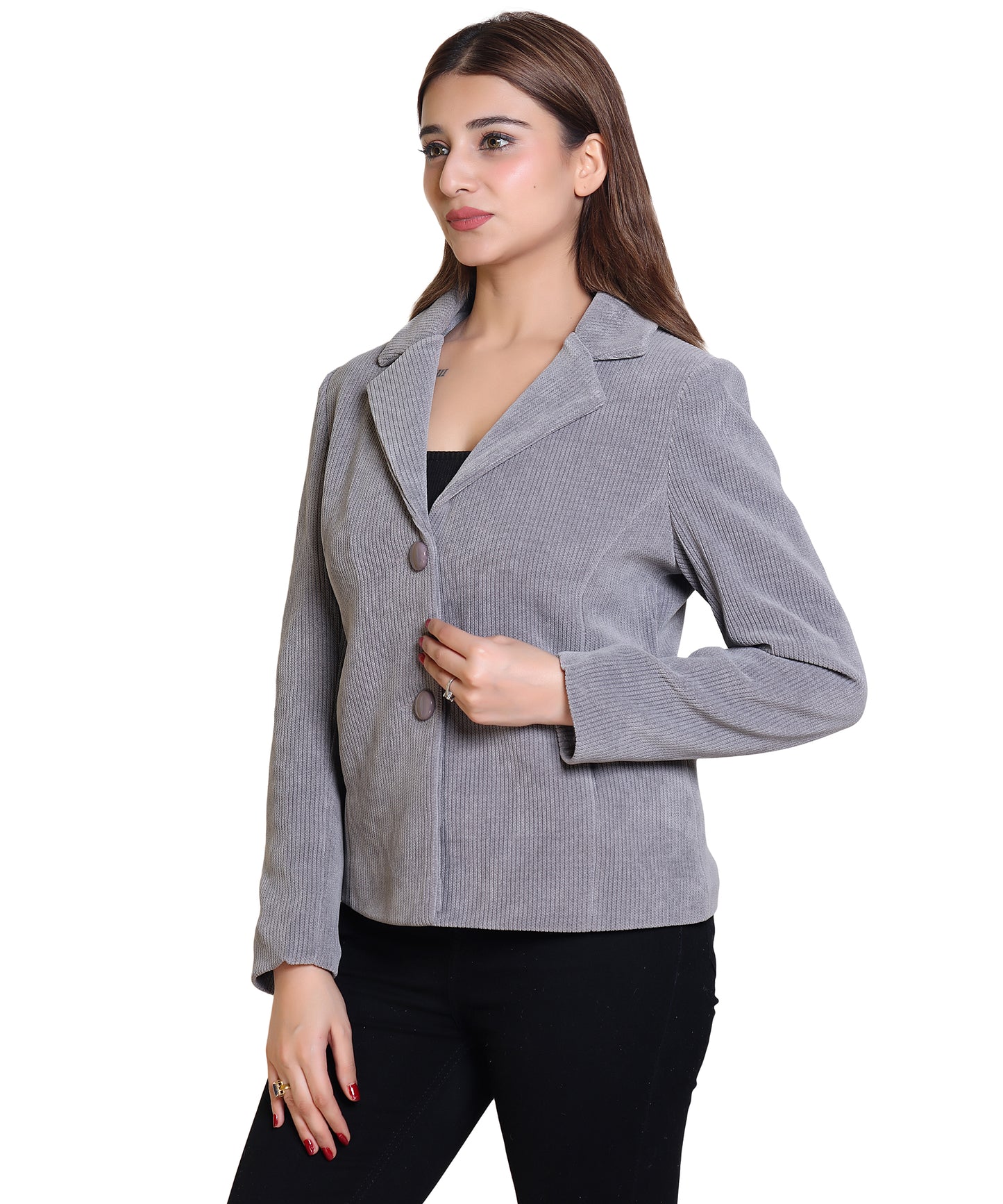 Women Full Sleeve Short Length Cotrai Blazer with Unique Design