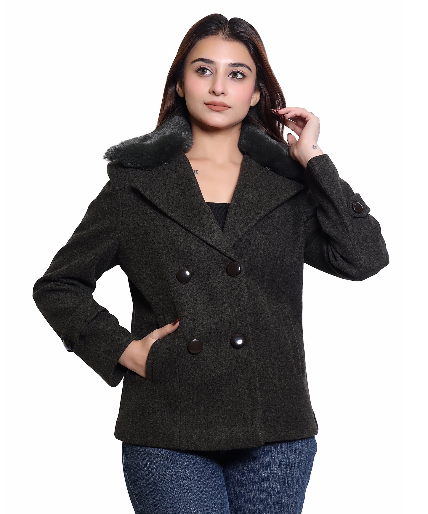 Women Wool Blend Double Breasted Short Coat with Detachable Fur Collar