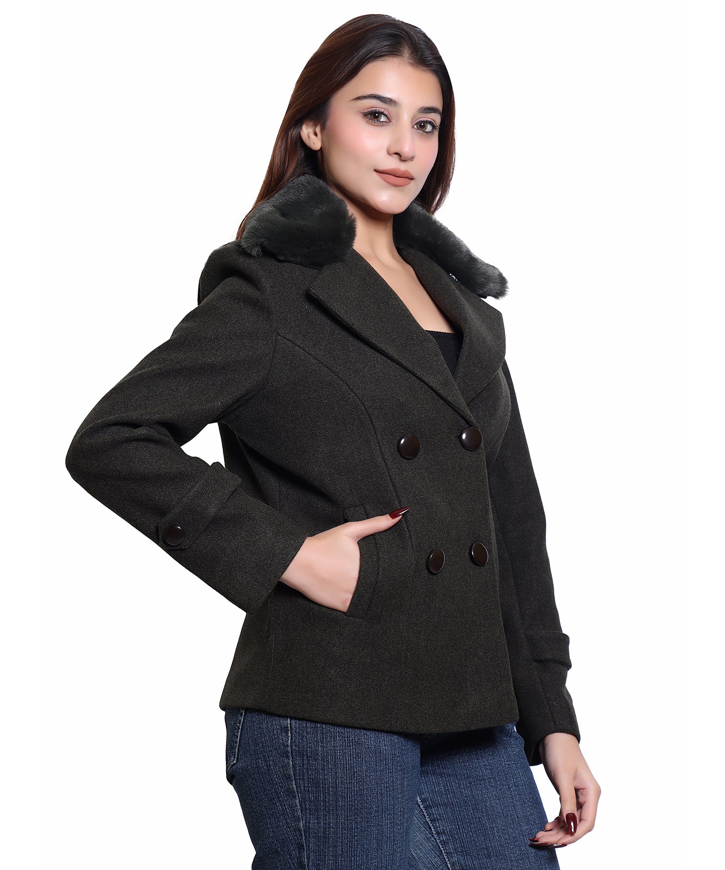 Women Wool Blend Double Breasted Short Coat with Detachable Fur Collar