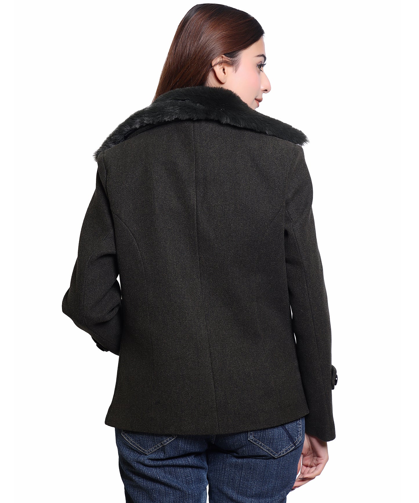 Women Wool Blend Double Breasted Short Coat with Detachable Fur Collar