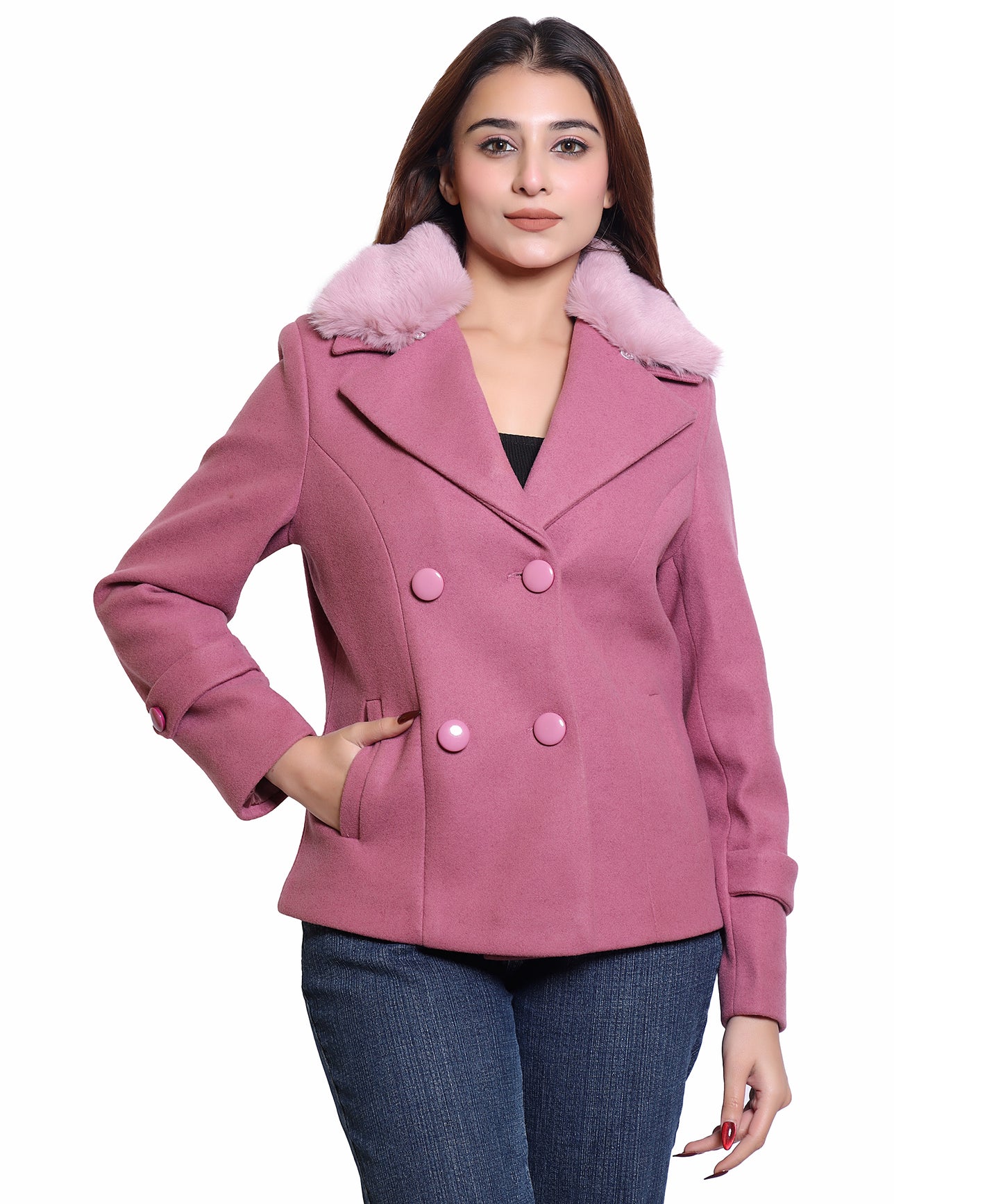 Women Wool Blend Double Breasted Short Coat with Detachable Fur Collar