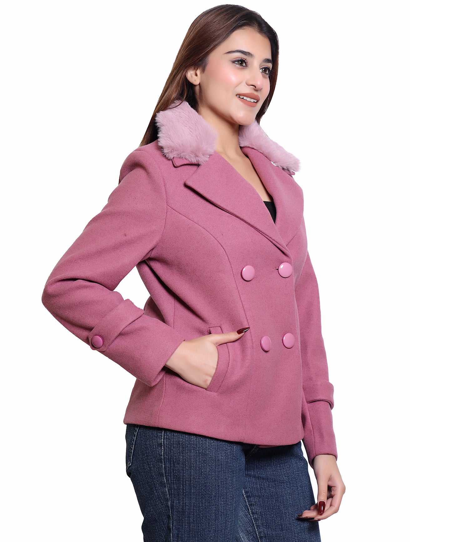 Women Wool Blend Double Breasted Short Coat with Detachable Fur Collar