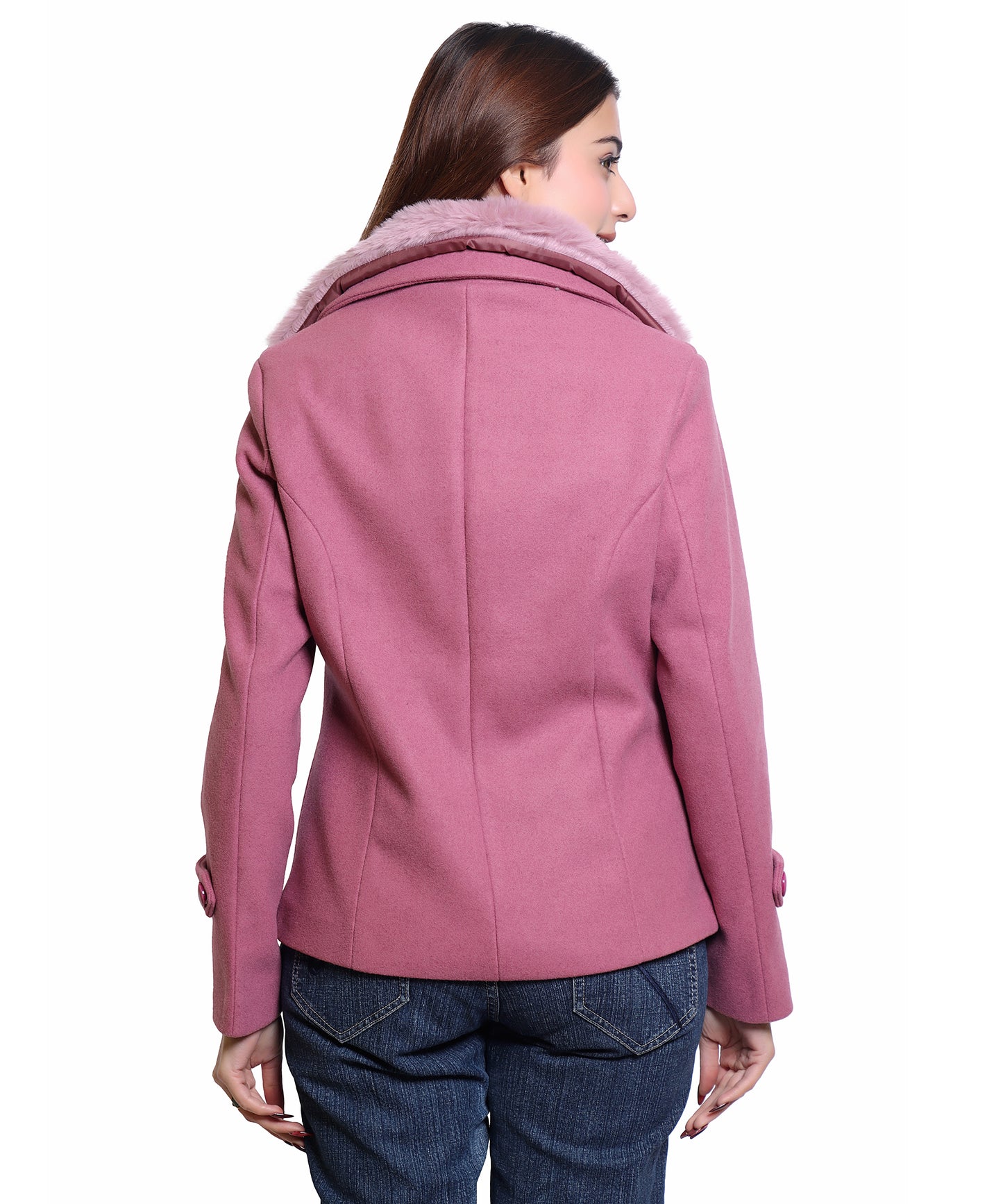 Women Wool Blend Double Breasted Short Coat with Detachable Fur Collar