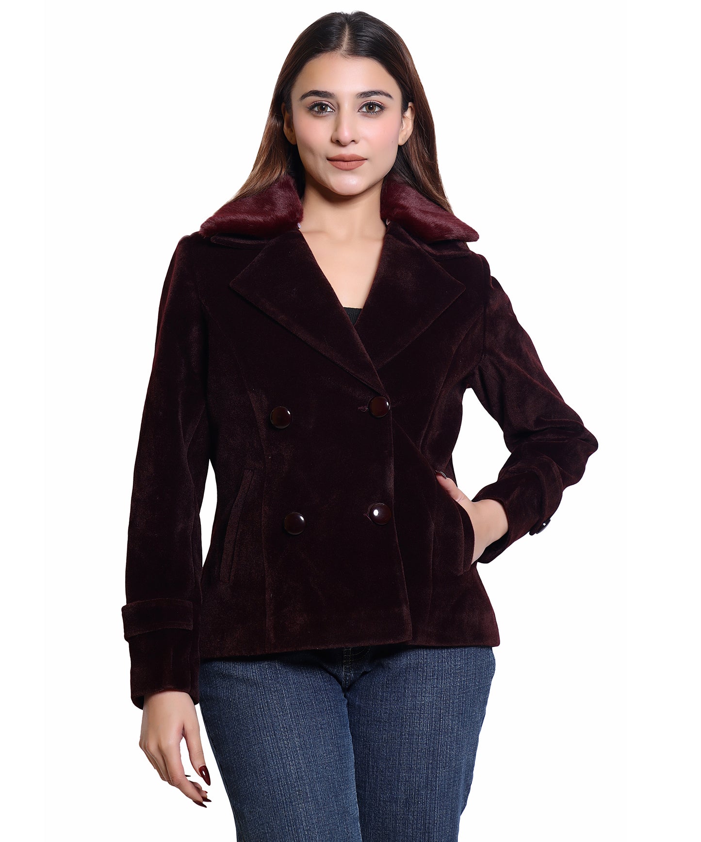 Women Wool Blend Double Breasted Short Coat with Detachable Fur Collar