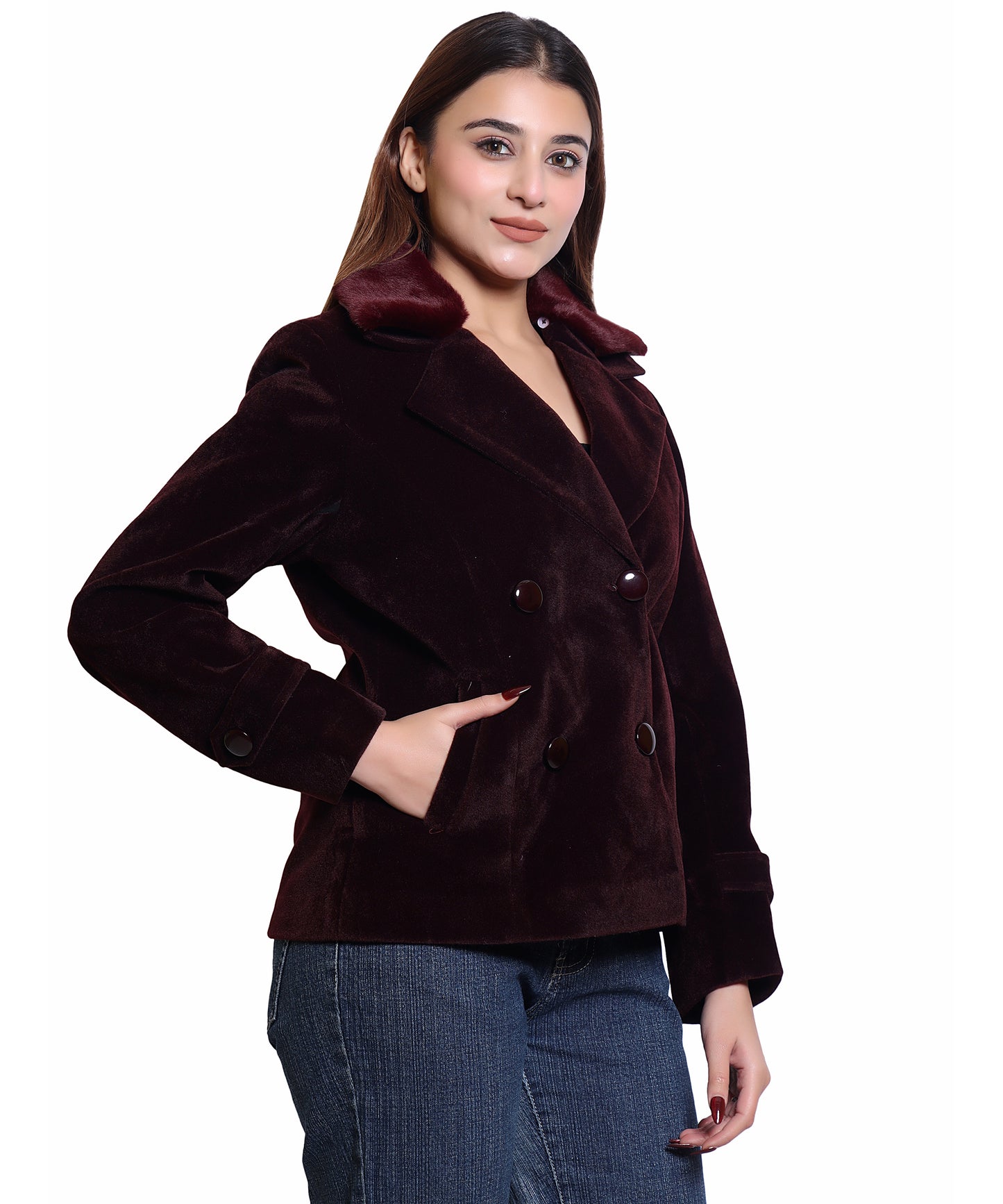 Women Wool Blend Double Breasted Short Coat with Detachable Fur Collar