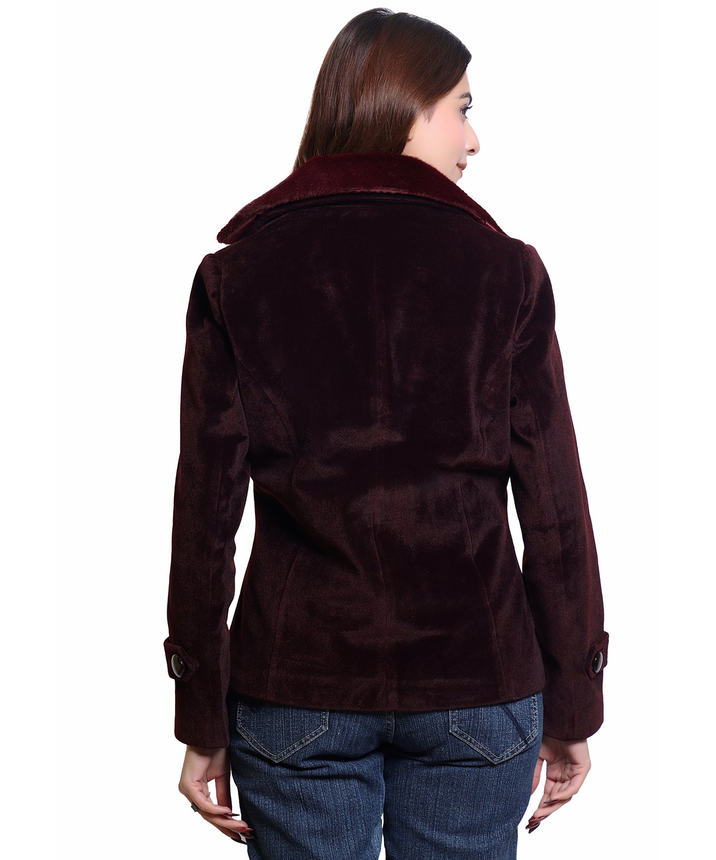 Women Wool Blend Double Breasted Short Coat with Detachable Fur Collar