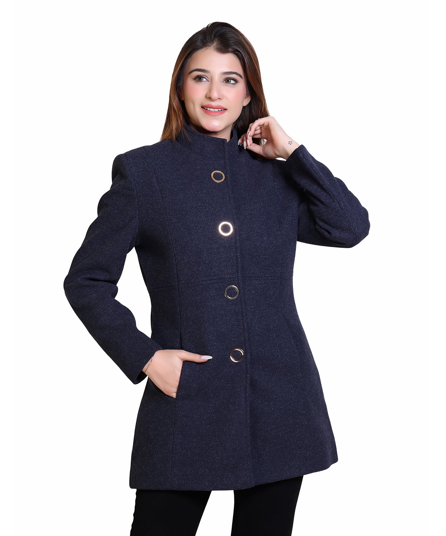 Women Standard Length Wool Blend High Collar Long Sleeve Overcoat