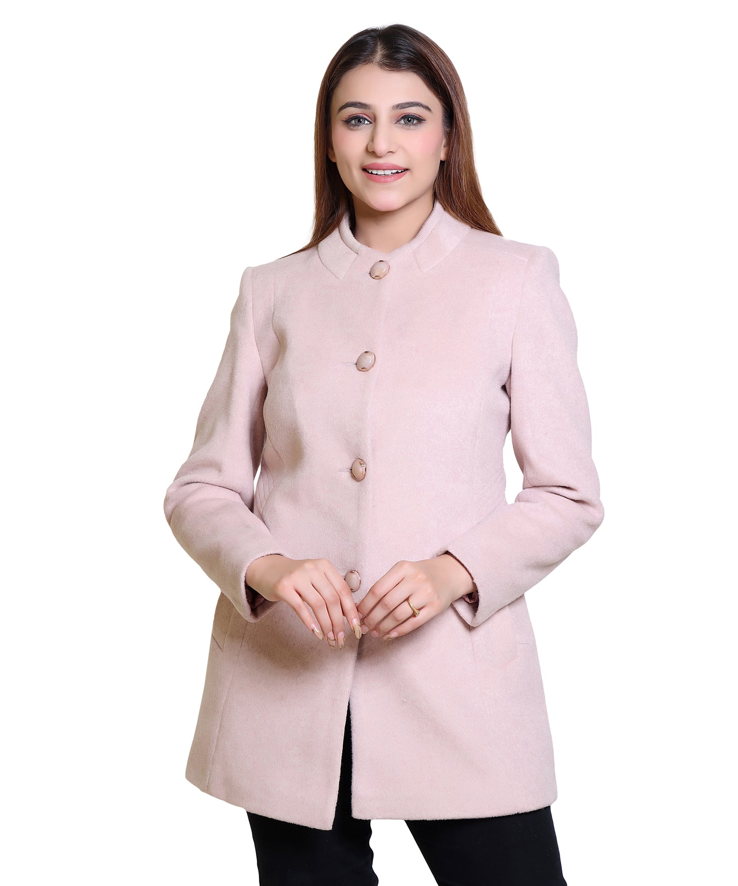 Women Solid Woven Hip Length Coat with Standing Ban Designer Collar