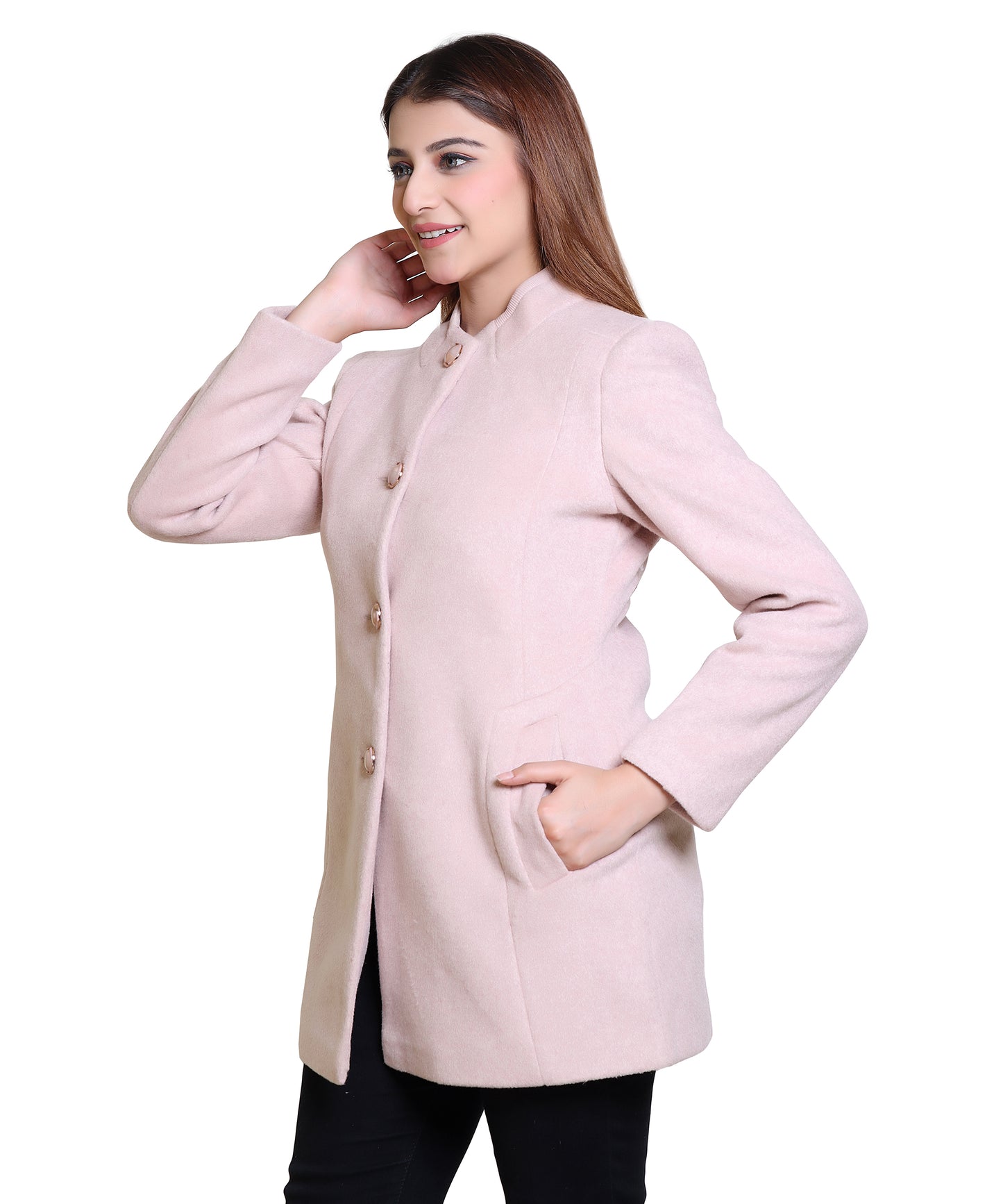 Women Solid Woven Hip Length Coat with Standing Ban Designer Collar