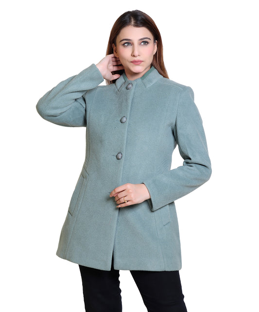 Women Solid Woven Hip Length Coat with Standing Ban Designer Collar