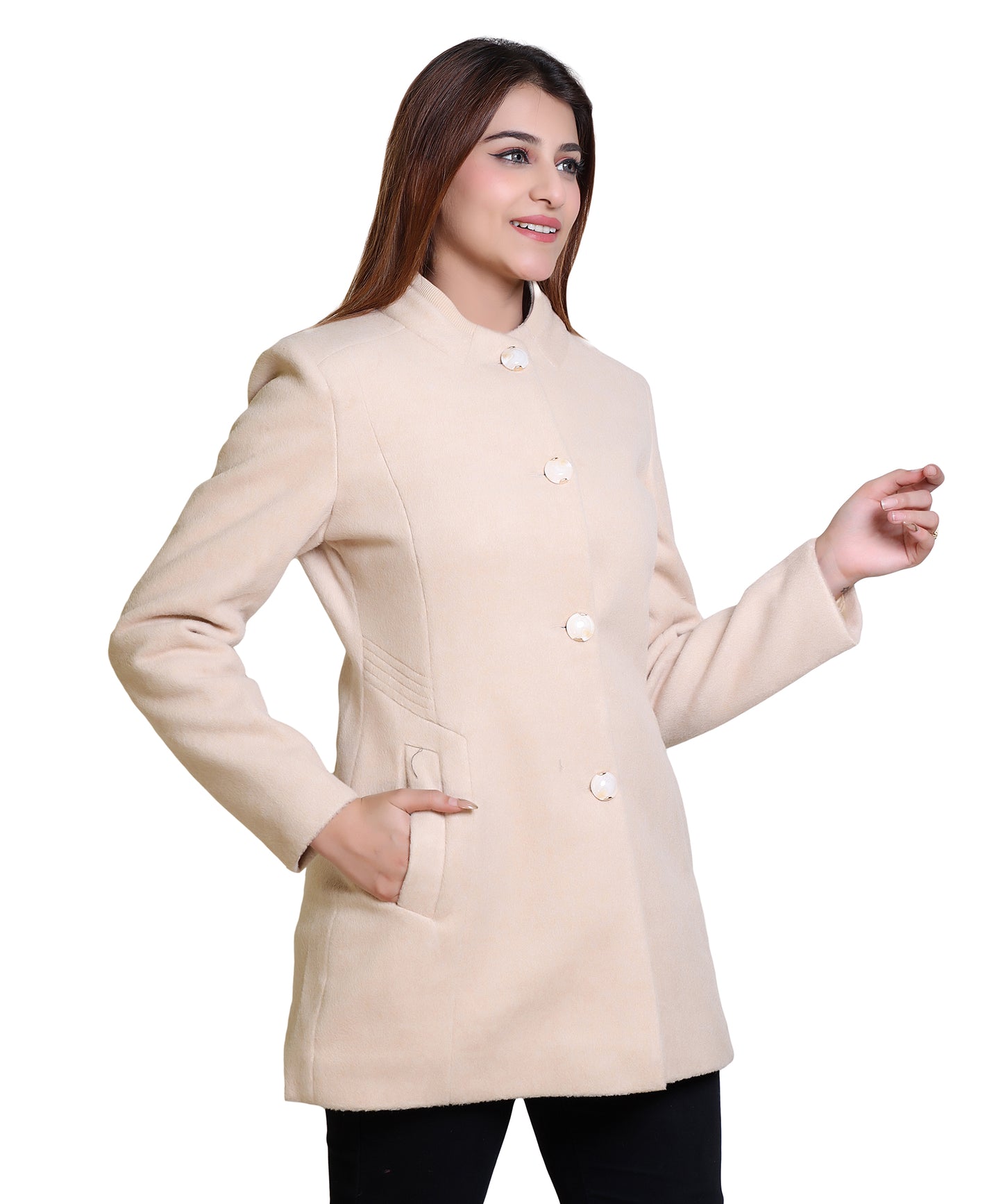 Women Solid Woven Hip Length Coat with Standing Ban Designer Collar