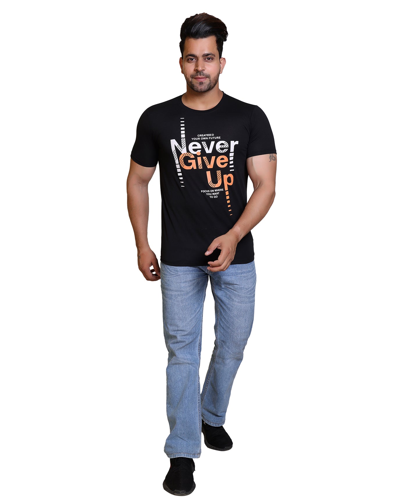 Men Never Give Up Cotton Blend Round Neck Half Sleeves T-Shirt