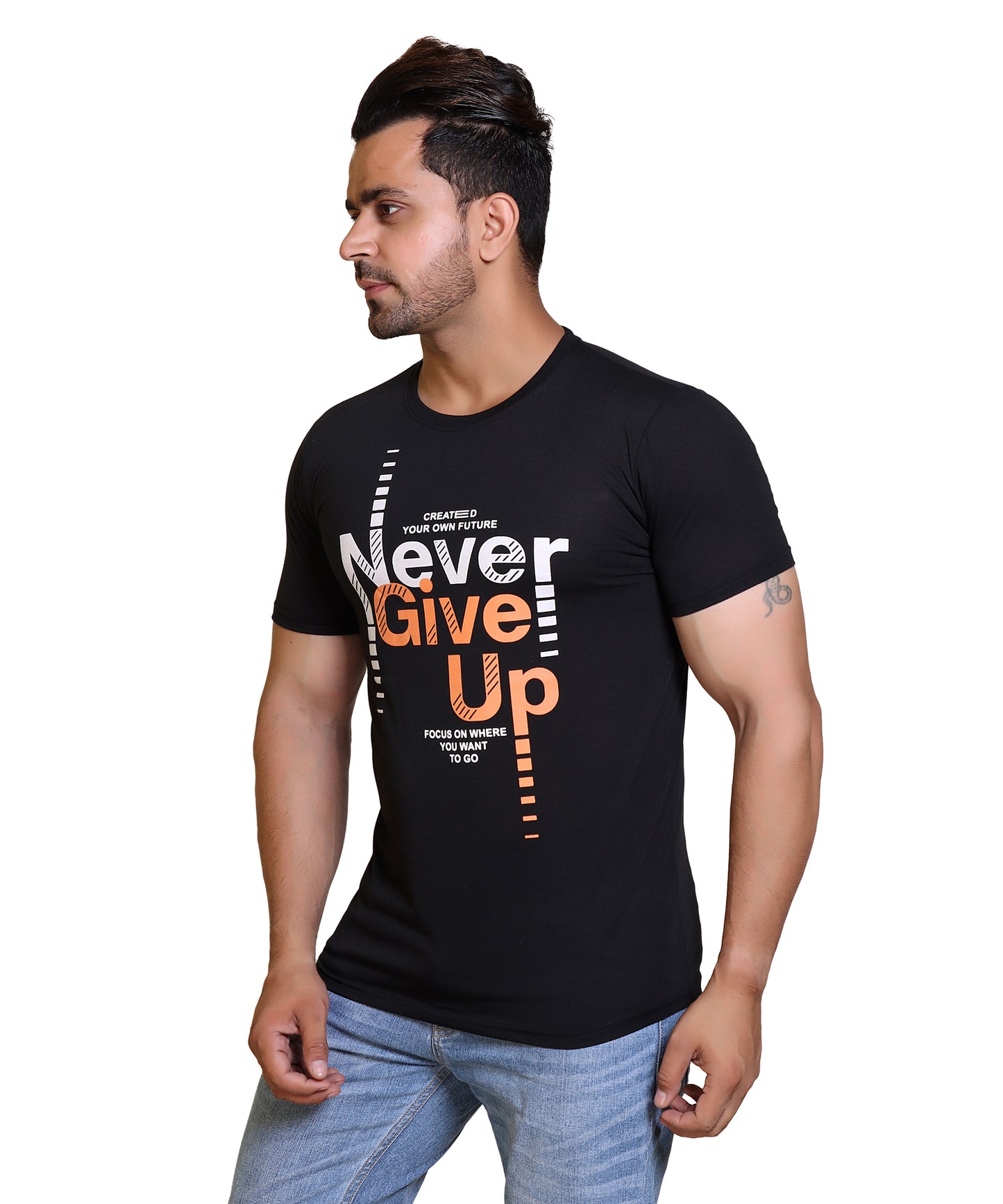 Men Never Give Up Cotton Blend Round Neck Half Sleeves T-Shirt