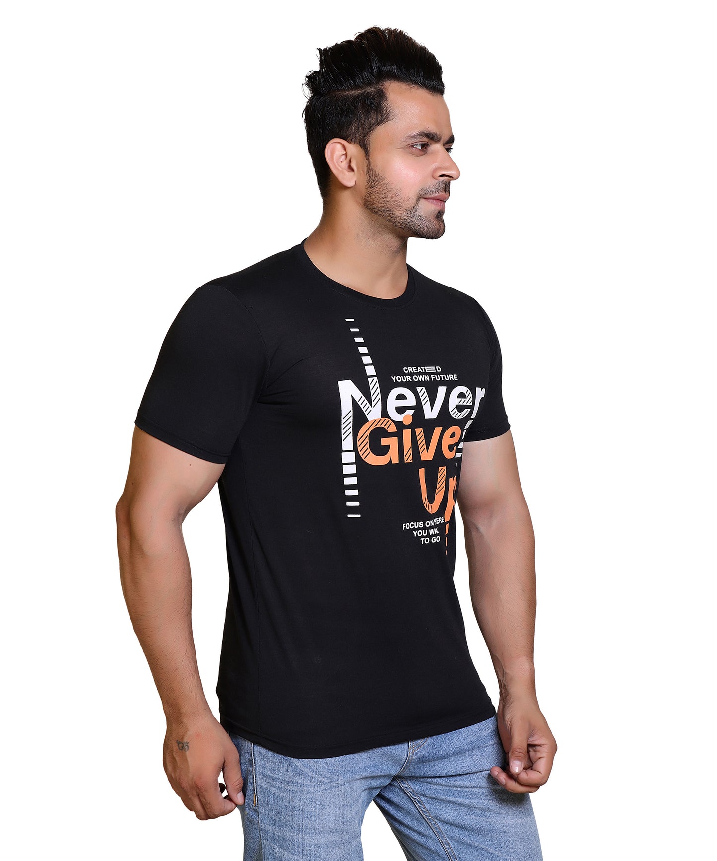 Men Never Give Up Cotton Blend Round Neck Half Sleeves T-Shirt