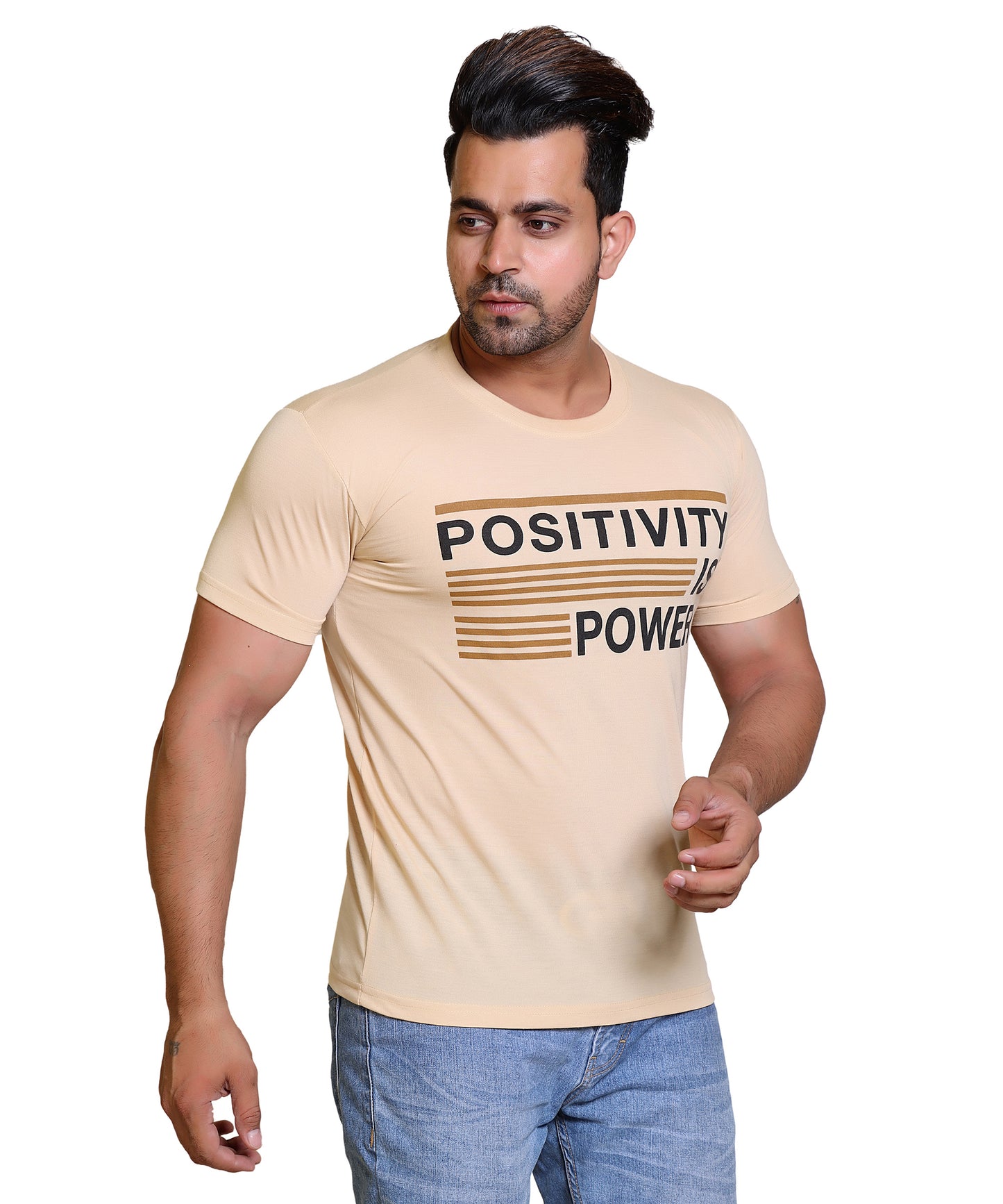 Men Positivity is Power Cotton Blend Round Neck Half Sleeves T-Shirt