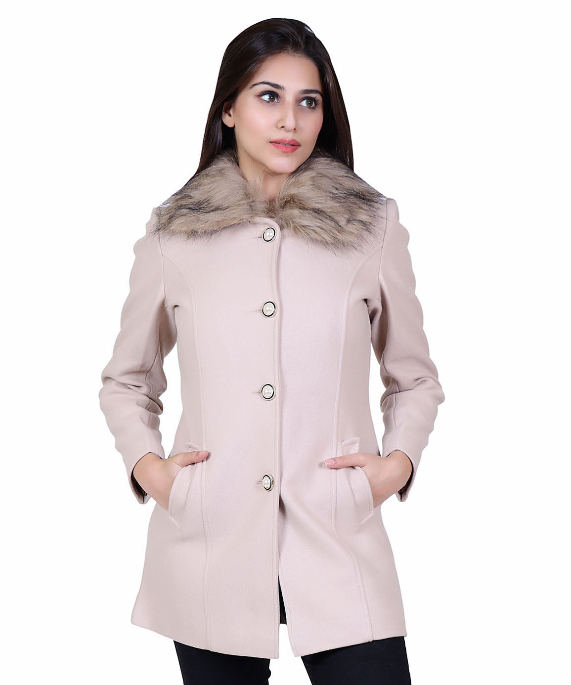 Women Winter Wear Casual Coat with Detachable Faux Fur Collar